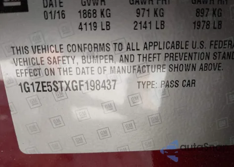 2016 Chevrolet Malibu 1Lt из США, поврежденный, VIN 1G1ZE5STXGF198437